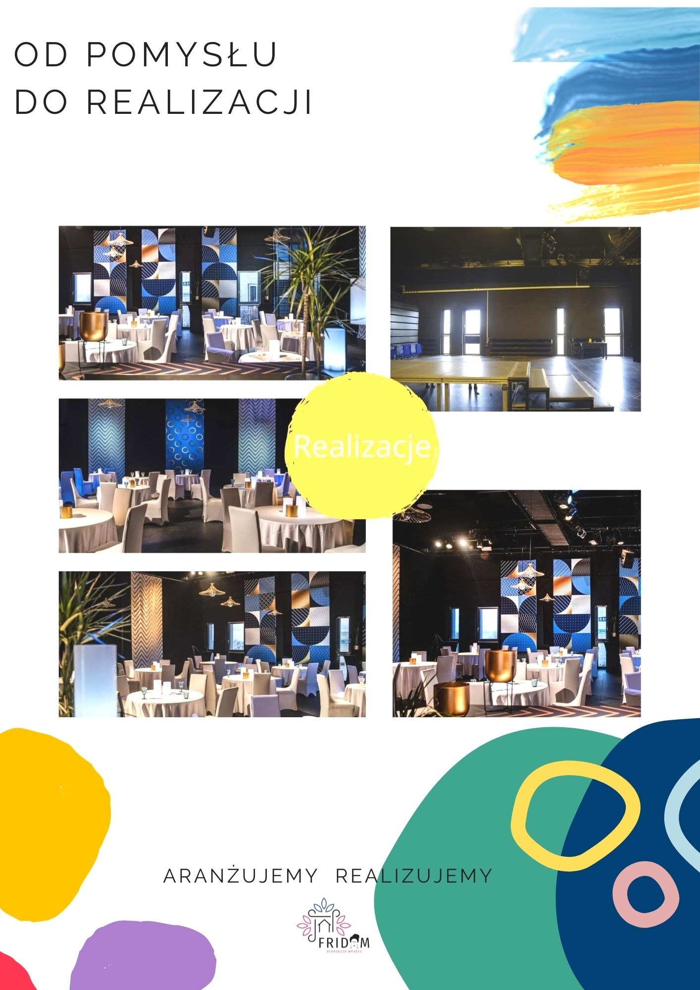 Kolaż zdjęć przedstawiający aranżacje sali bankietowej z okrągłymi stołami, białymi krzesłami i dekoracyjnymi panelami ściennymi w geometryczne wzory, zestawiony z pustą salą teatralną.