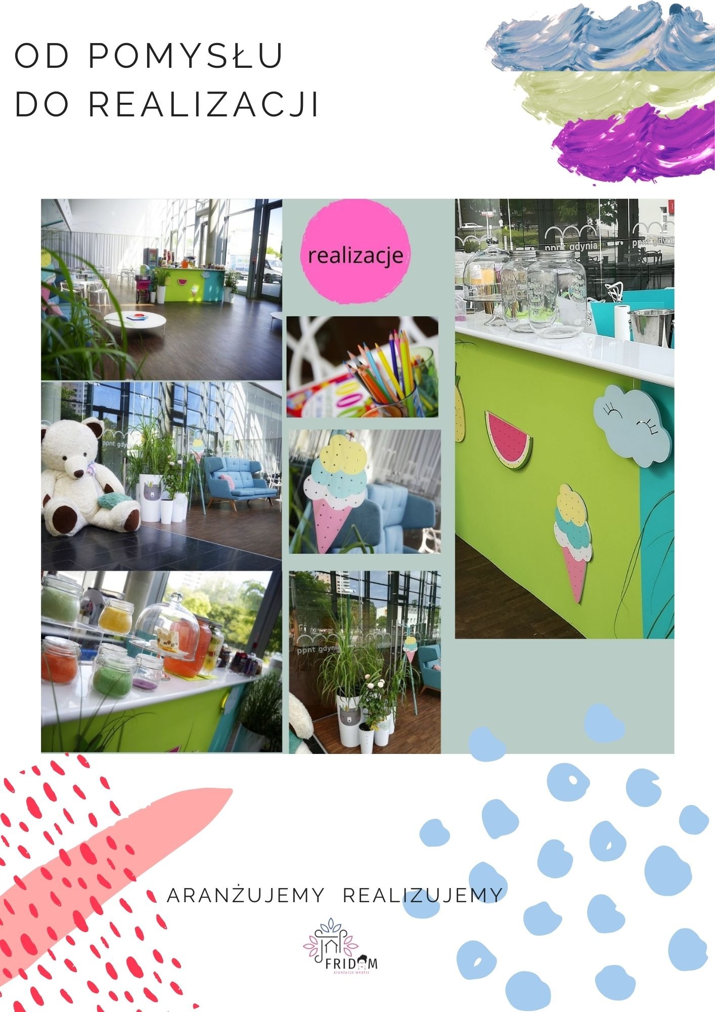 Kolaż zdjęć z realizacji aranżacji wnętrz biura: zielony bar z dekoracjami lodów i owoców, strefa relaksu z pluszowym misiem i niebieską kanapą, kolorowe kredki w szklance, napisy 'Od pomysłu...