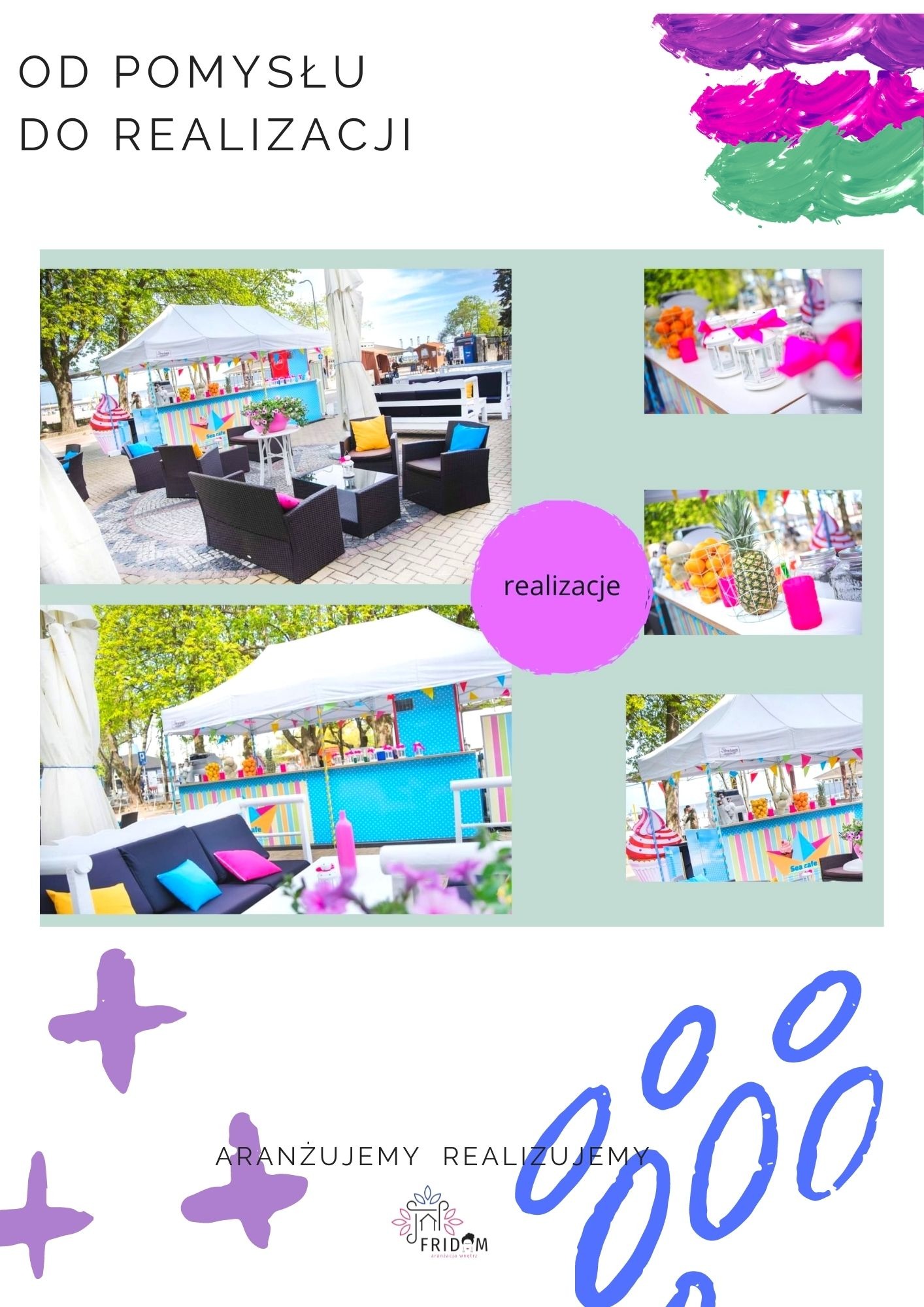 Kolaż zdjęć przedstawiający aranżację przestrzeni na zewnątrz z kolorowym barem, meblami ogrodowymi i dekoracjami, całość w jasnej, radosnej stylistyce.