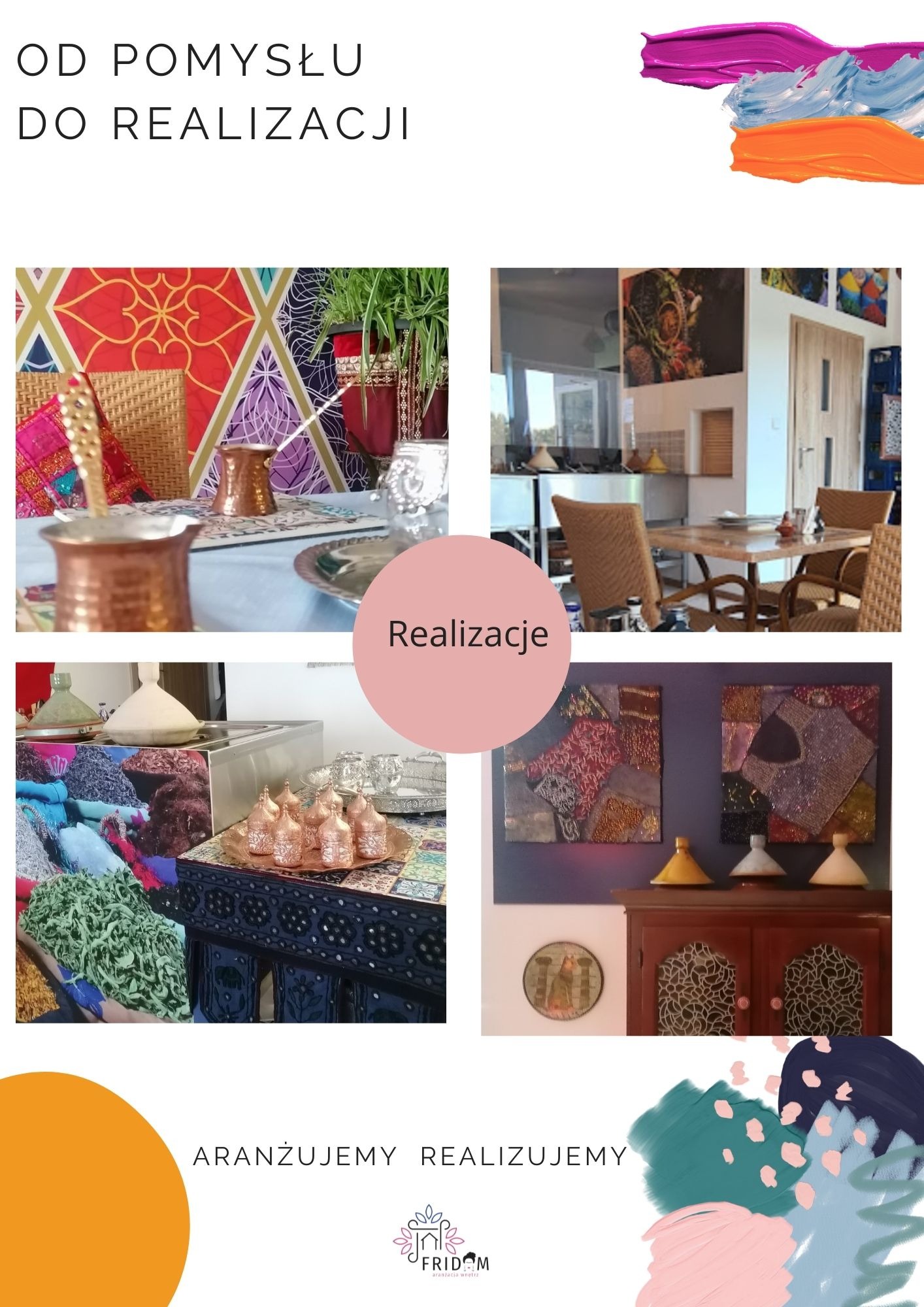 Kolaż prezentujący zrealizowane projekty wnętrz: stolik z kawą w stylu marokańskim, jadalnia z rattanowymi krzesłami, ekspozycja przypraw i dekoracji, komoda z marokańskimi tagine i obrazami.