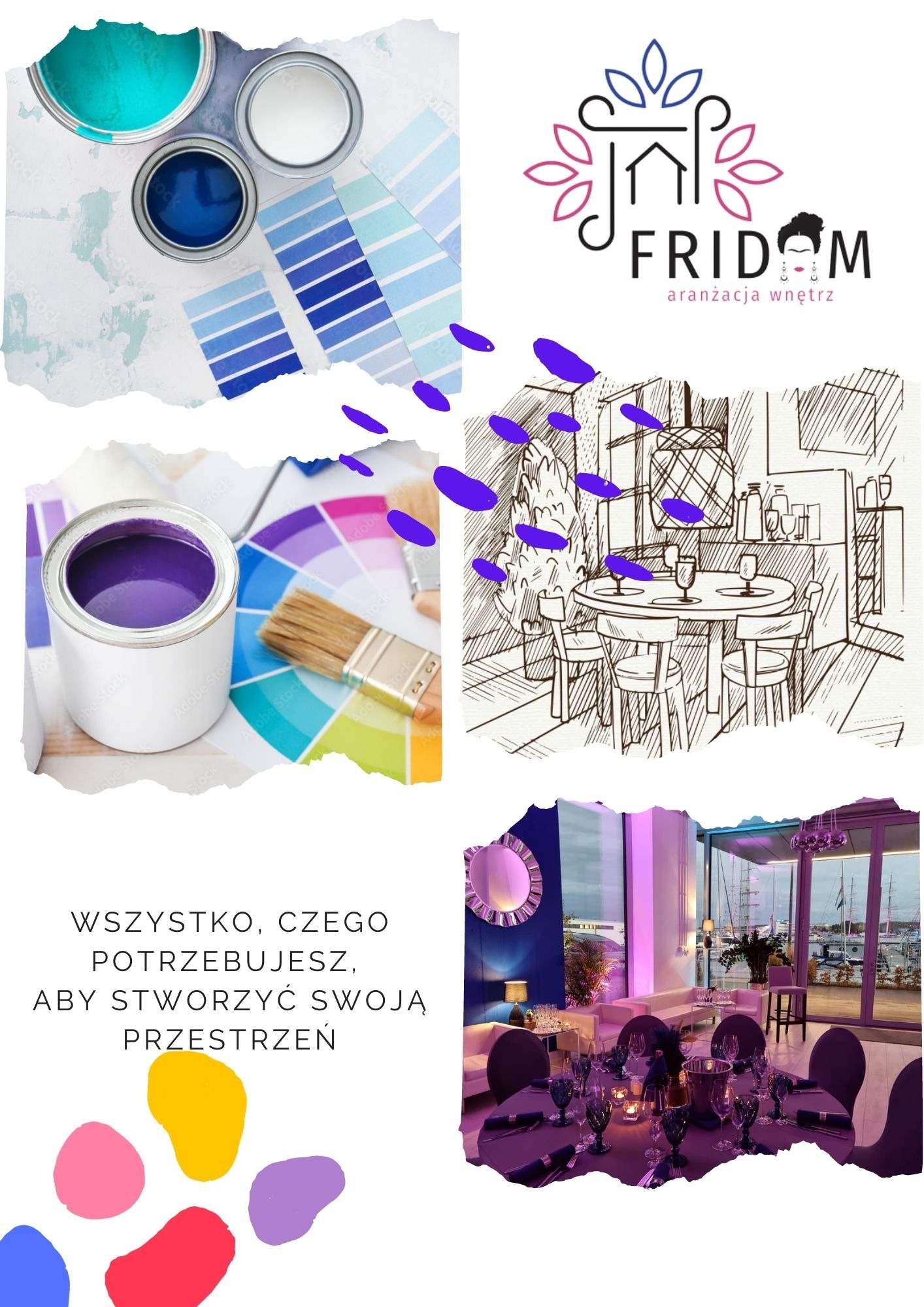 Kolaż prezentujący narzędzia malarskie, palety kolorów, szkic wnętrza oraz aranżację sali bankietowej z widokiem na port jachtowy.