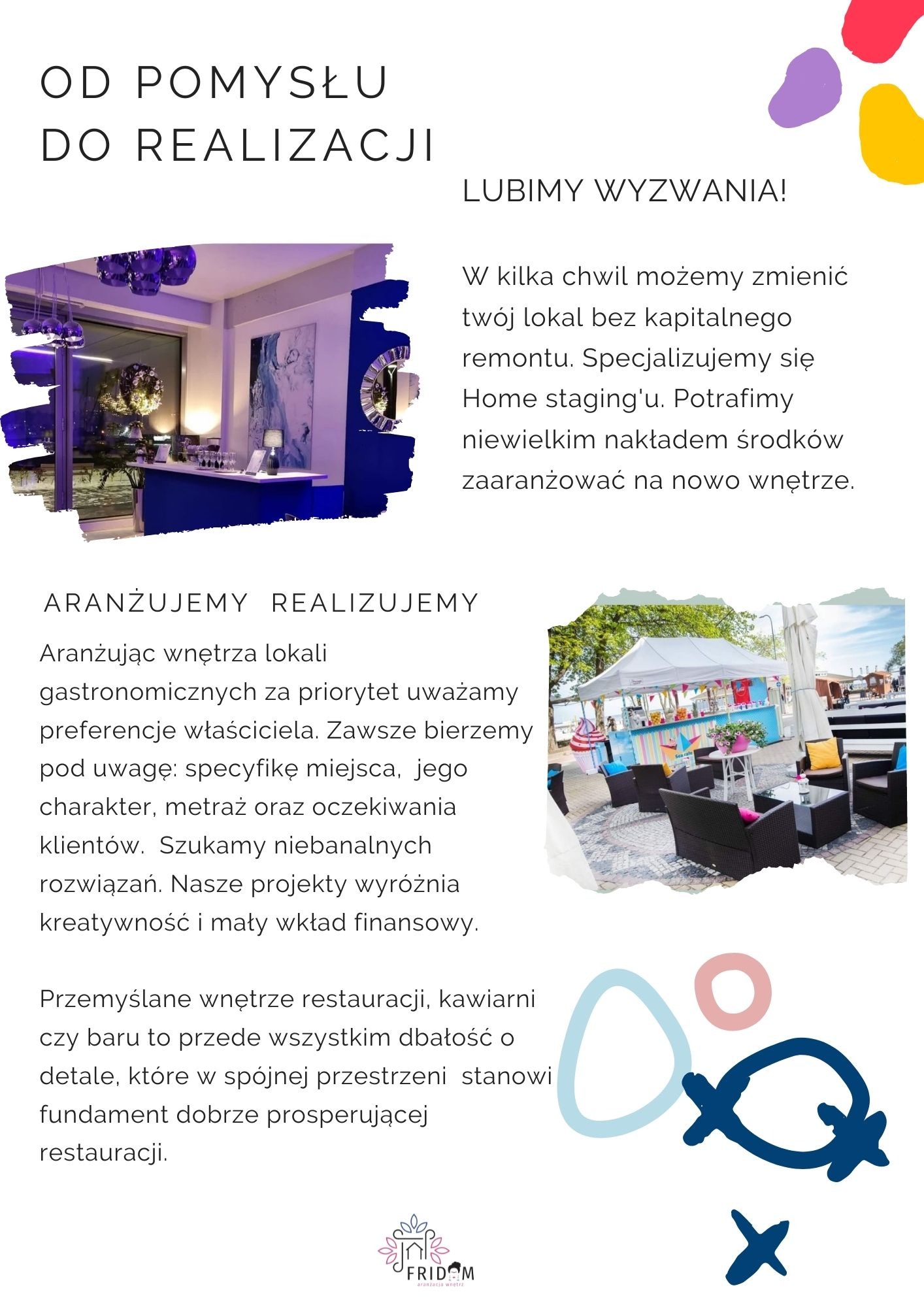 Kolaż reklamowy firmy aranżującej wnętrza lokali gastronomicznych, prezentujący bar w odcieniach granatu oraz letni ogródek restauracyjny z meblami z rattanu.