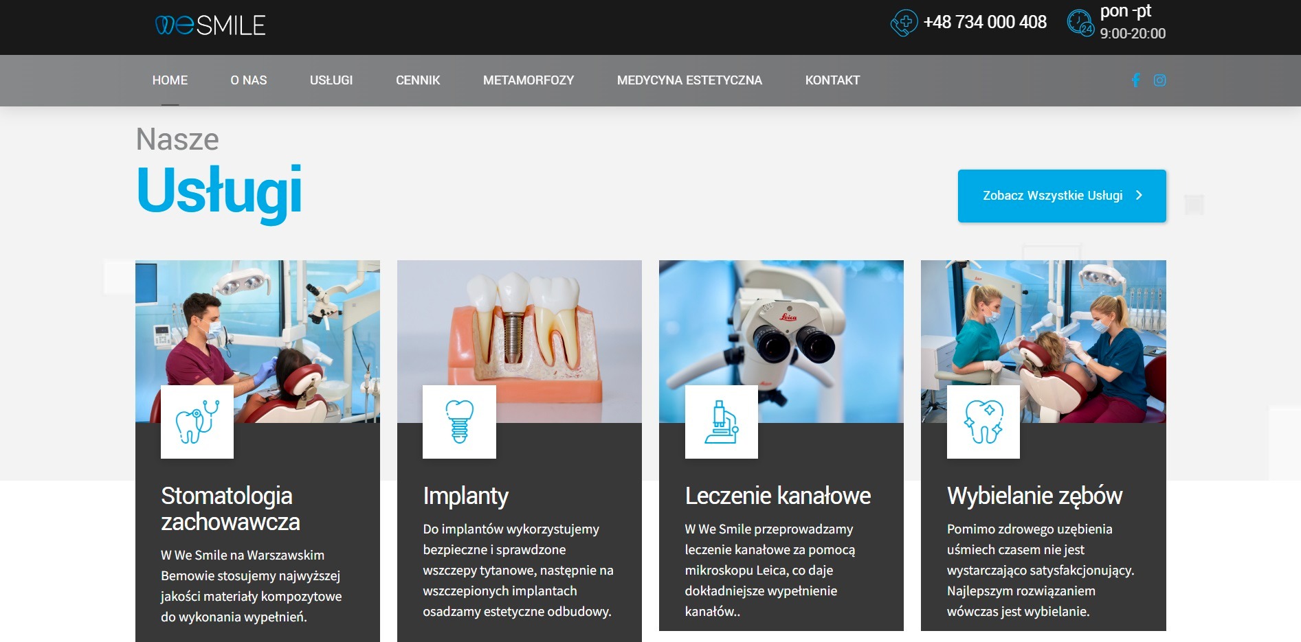 Komputerowa wersja strony internetowej gabinetu stomatologicznego wesmile.pl prezentująca ofertę usług: stomatologia zachowawcza, implanty, leczenie kanałowe z użyciem mikroskopu Leica...