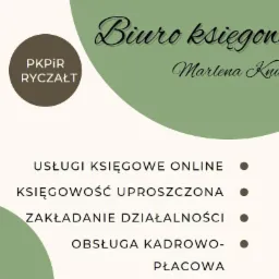 Grafika reklamowa biura rachunkowego z ofertą usług: księgowość online, księgowość uproszczona, zakładanie działalności, obsługa kadrowo-płacowa, logo PKPiR ryczałt.