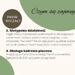 Grafika informacyjna biura rachunkowego z tekstem 'Czym się zajmuję?', opisem nietypowej działalności i obsługi kadrowo-płacowej, logotyp PKPiR Ryczałt w okrągłym kształcie.