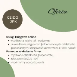 Grafika reklamowa usług biura rachunkowego z Brus, oferującego księgowość online i tradycyjną, pomoc w rejestracji działalności gospodarczej, zgłoszenia do ZUS i VAT oraz wybór formy opodatkowania.