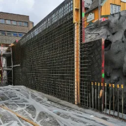 Siatka zbrojeniowa z drewnianym szalunkiem na tle miejskiej zabudowy. Widoczne elementy konstrukcyjne i zabezpieczenia na folii. Detal zbrojenia przed betonowaniem.