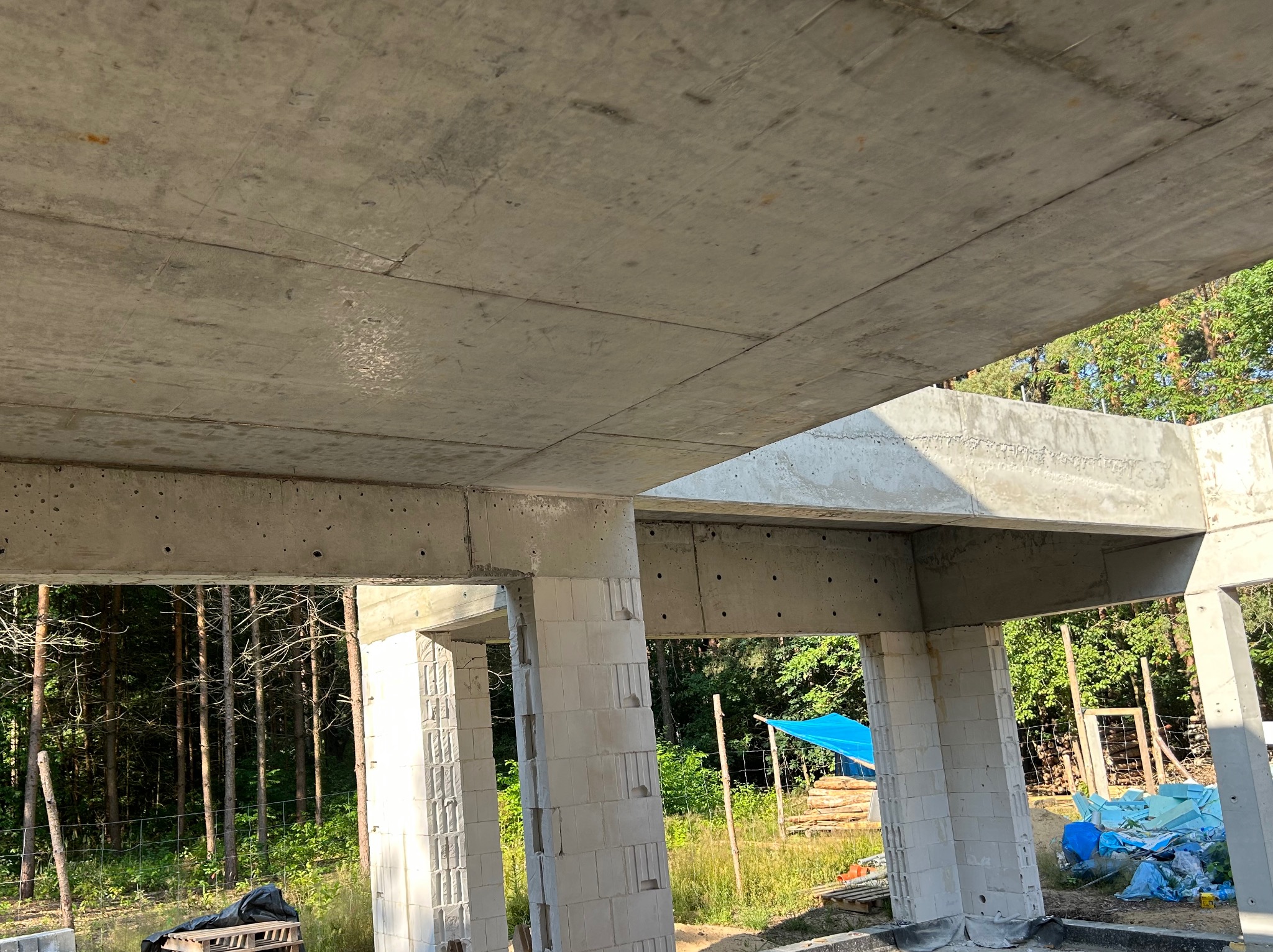 Surowy stan budynku żelbetowego w lesie, widok z wnętrza na zewnątrz przez otwory okienne i drzwiowe. Elementy konstrukcyjne z betonu i bloczków.