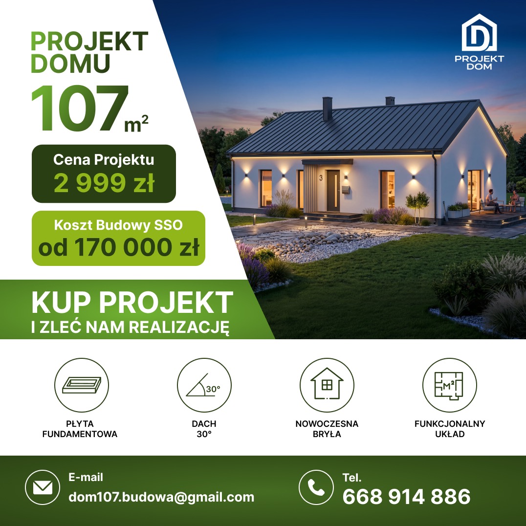 Projekt domu 107m² z ceną 2999 zł i kosztem budowy SSO od 170 000 zł. Nowoczesna bryła z dachem 30 stopni i funkcjonalnym układem. Kup projekt i zleć realizację.