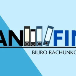 Logo biura rachunkowego AnFin z stylizowanymi segregatorami zamiast litery 'I' na tle w odcieniach błękitu.