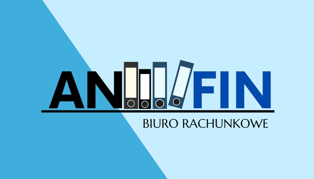 Logo biura rachunkowego AnFin z stylizowanymi segregatorami zamiast litery 'I' na tle w odcieniach błękitu.