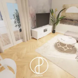 Wizualizacja salonu z parkietem w jodełkę, jasną sofą narożną, okrągłym stolikiem kawowym z filiżanką, telewizorem na białej komodzie i obrazem na ścianie.