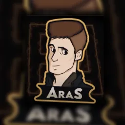 Karykaturalny portret mężczyzny z brązowymi włosami i imieniem 'Aras' na czarnym tle z motywem labiryntu.