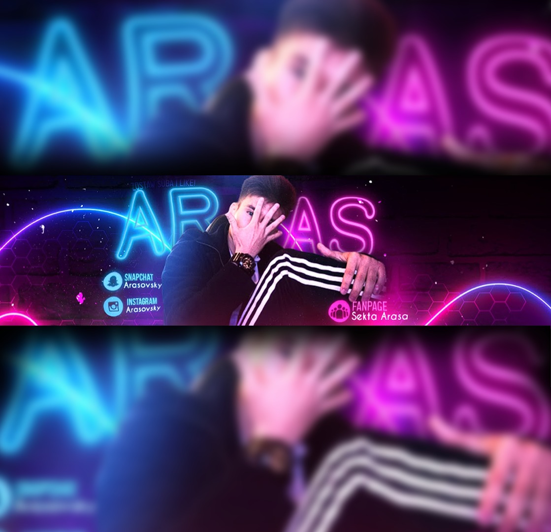 Grafika z neonowym napisem 'ARAS', w tle postać zakrywająca twarz ręką, widoczne ikony mediów społecznościowych i logo 'FANPAGE Sekta Arasa'.