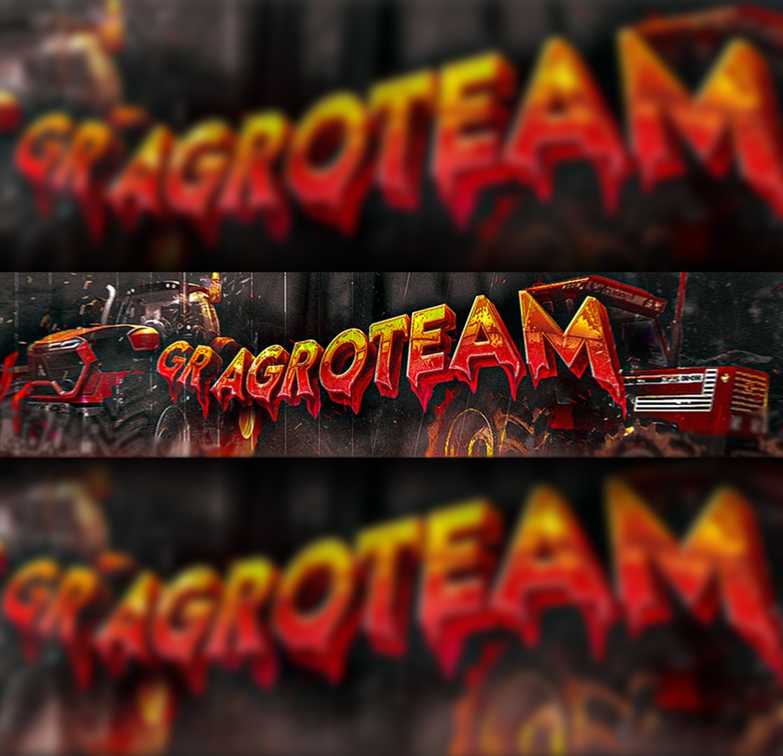 Grafika z nazwą 'GR AGROTEAM' w płomiennych kolorach na tle z rozmytymi sylwetkami traktorów, wykonana w Wieliczce.