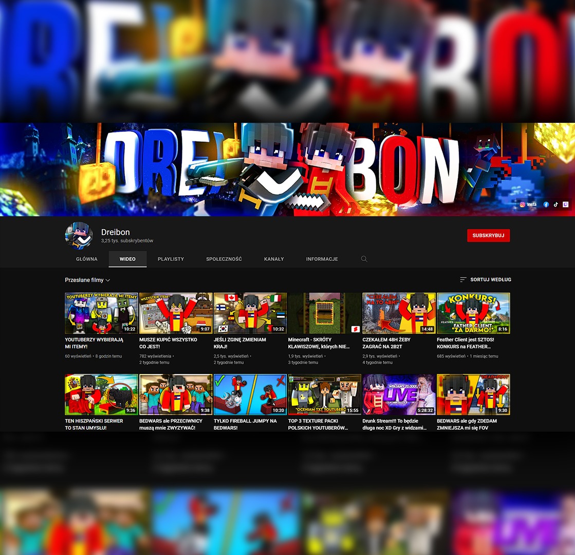 Baner kanału YouTube o tematyce Minecraft, z logo 'Dreibon' i postaciami z gry oraz miniaturami filmów o tematyce Bedwars i innych grach Minecraft.