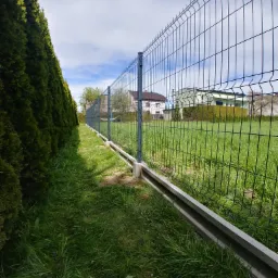 Panelowe ogrodzenie posesji z podmurówką betonową, widok z perspektywy trawnika wzdłuż żywopłotu z tui, w tle zabudowa jednorodzinna.