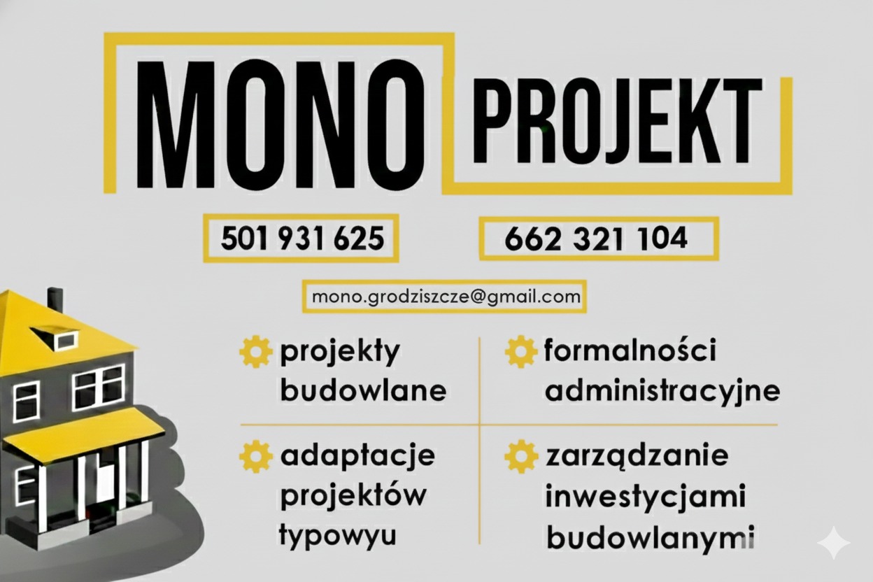 Grafika z nazwą firmy Mono Projekt, numerami telefonów, adresem e-mail i zakresem usług: projekty budowlane, adaptacje projektów, formalności administracyjne, zarządzanie inwestycjami.