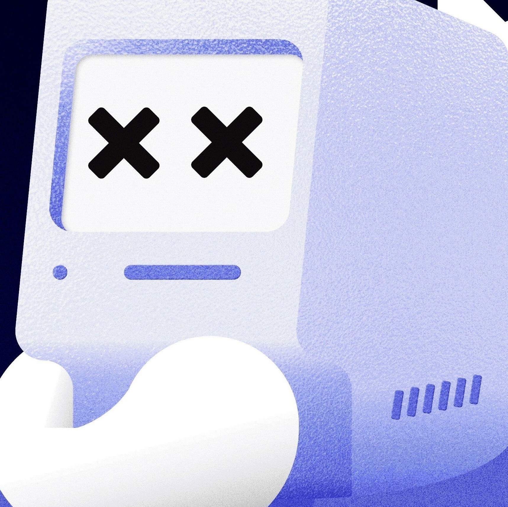 Stylizowana, ziarnista grafika przedstawiająca komputer w stylu retro z ekranem z dwoma czarnymi krzyżykami zamiast oczu, sugerująca uszkodzenie lub brak danych.