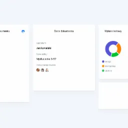Interfejs użytkownika z widżetami: podgląd dokumentu, dane dokumentu (kontrahent Jan Kowalski, adres Myśliwiecka 3/57), wykres kołowy z segmentami indigo, pomarańczowym i zielonym, oraz wykres...