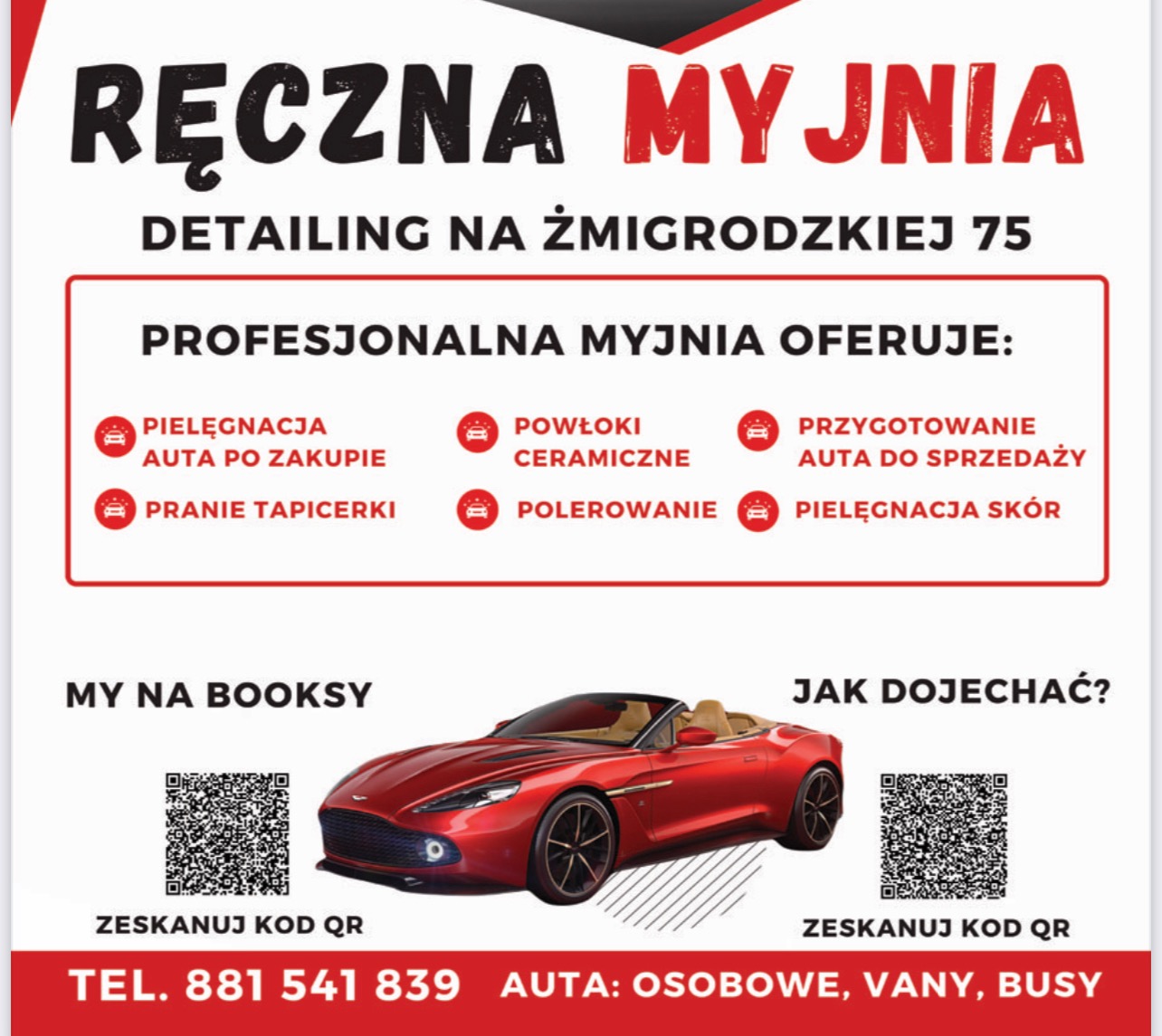 Plakat reklamowy ręcznej myjni detailingowej z ofertą: pielęgnacja aut po zakupie, powłoki ceramiczne, pranie tapicerki, polerowanie, pielęgnacja skór, przygotowanie auta do sprzedaży.