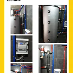Kolaż przedstawiający fragmenty instalacji grzewczej: zbiornik akumulacyjny z podłączeniami, rozdzielnica elektryczna, oraz fragmenty rur w kolorach niebieskim i czerwonym na tle szarych płytek.