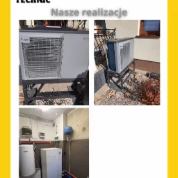 Kolaż przedstawiający realizację montażu pompy ciepła NIBE: widok z zewnątrz na metalowej konstrukcji z drobnymi kamieniami dekoracyjnymi oraz widok z wewnątrz kotłowni z zbiornikiem buforowym...