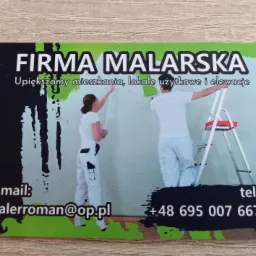 Wizytówka firmy malarskiej z ilustracją malarzy podczas pracy wewnątrz i na zewnątrz budynku oraz danymi kontaktowymi.