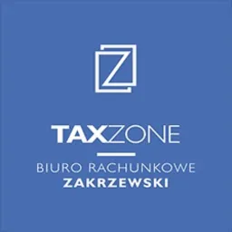 Logo firmy TaxZone Biuro Rachunkowe Zakrzewski na niebieskim tle. Stylizowana litera Z w dwóch nałożonych na siebie kwadratach.