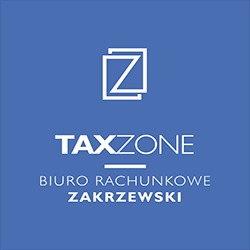 Logo firmy TaxZone Biuro Rachunkowe Zakrzewski na niebieskim tle. Stylizowana litera Z w dwóch nałożonych na siebie kwadratach.
