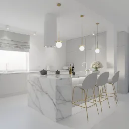 Nowoczesna, minimalistyczna kuchnia w bieli z marmurową wyspą, złotymi akcentami oświetlenia i krzesłami barowymi, uzupełniona o sprzęt AGD i dekoracyjne butelki na blacie.