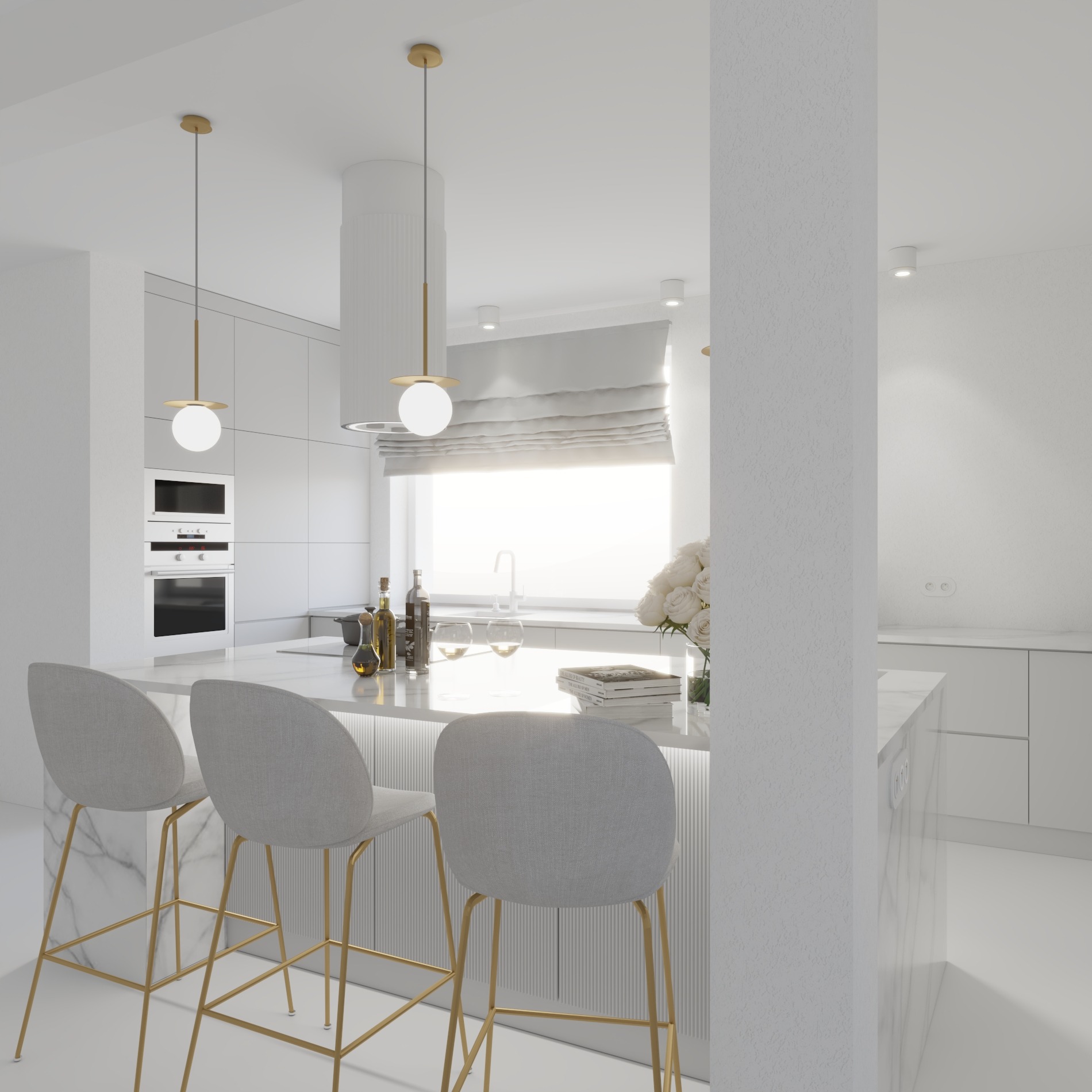 Jasna kuchnia z marmurową wyspą, trzema szarymi krzesłami barowymi na złotych nóżkach, białymi frontami szafek i dekoracjami: kwiatami, butelkami z oliwą i książkami.
