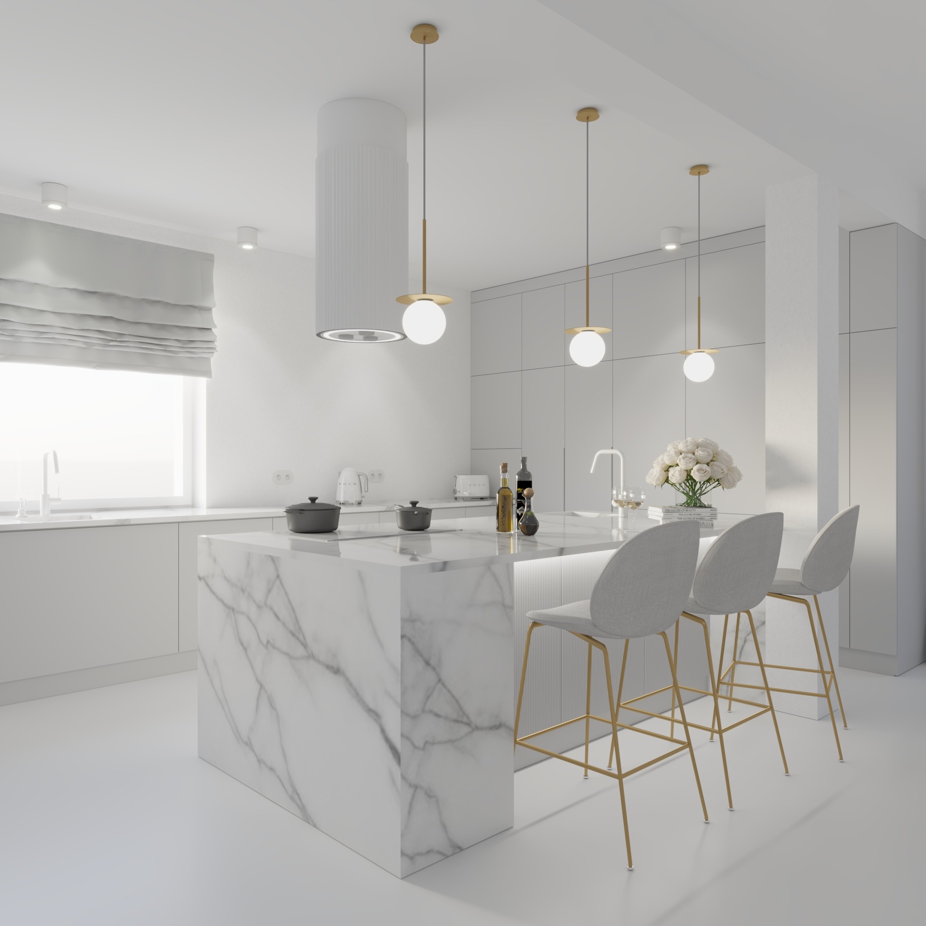 Nowoczesna, minimalistyczna kuchnia w bieli z marmurową wyspą, złotymi akcentami oświetlenia i krzesłami barowymi, uzupełniona o sprzęt AGD i dekoracyjne butelki na blacie.