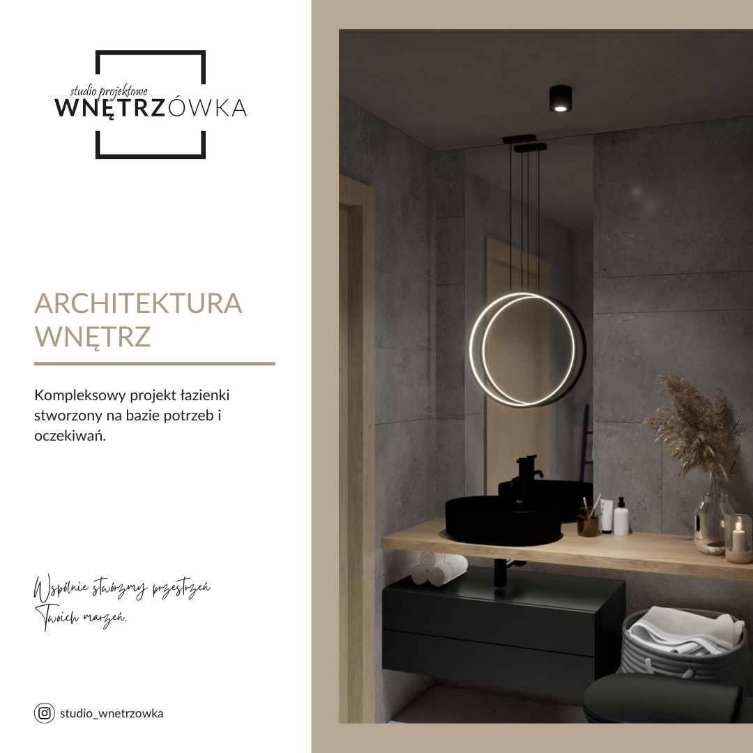 Wizualizacja projektu łazienki w Skrzeszewie Żukowskim, z okrągłą lampą wiszącą nad czarną umywalką nablatową, drewnianym blatem i szarymi płytkami na ścianach, prezentowana z elementami...