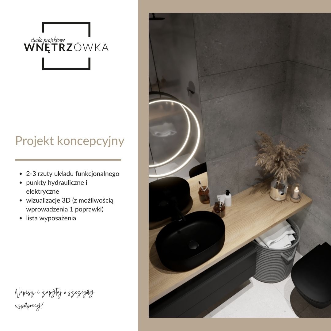 Wizualizacja 3D nowoczesnej łazienki z czarną umywalką nablatową, okrągłym lustrem z podświetleniem LED, drewnianym blatem i szarą płytką na ścianie. Po lewej stronie grafika z logo studia...