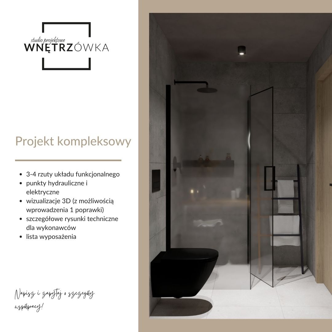 Wizualizacja 3D nowoczesnej łazienki z czarną armaturą, kabiną prysznicową typu walk-in i drabinką na ręczniki, prezentowana obok opisu projektu kompleksowego.
