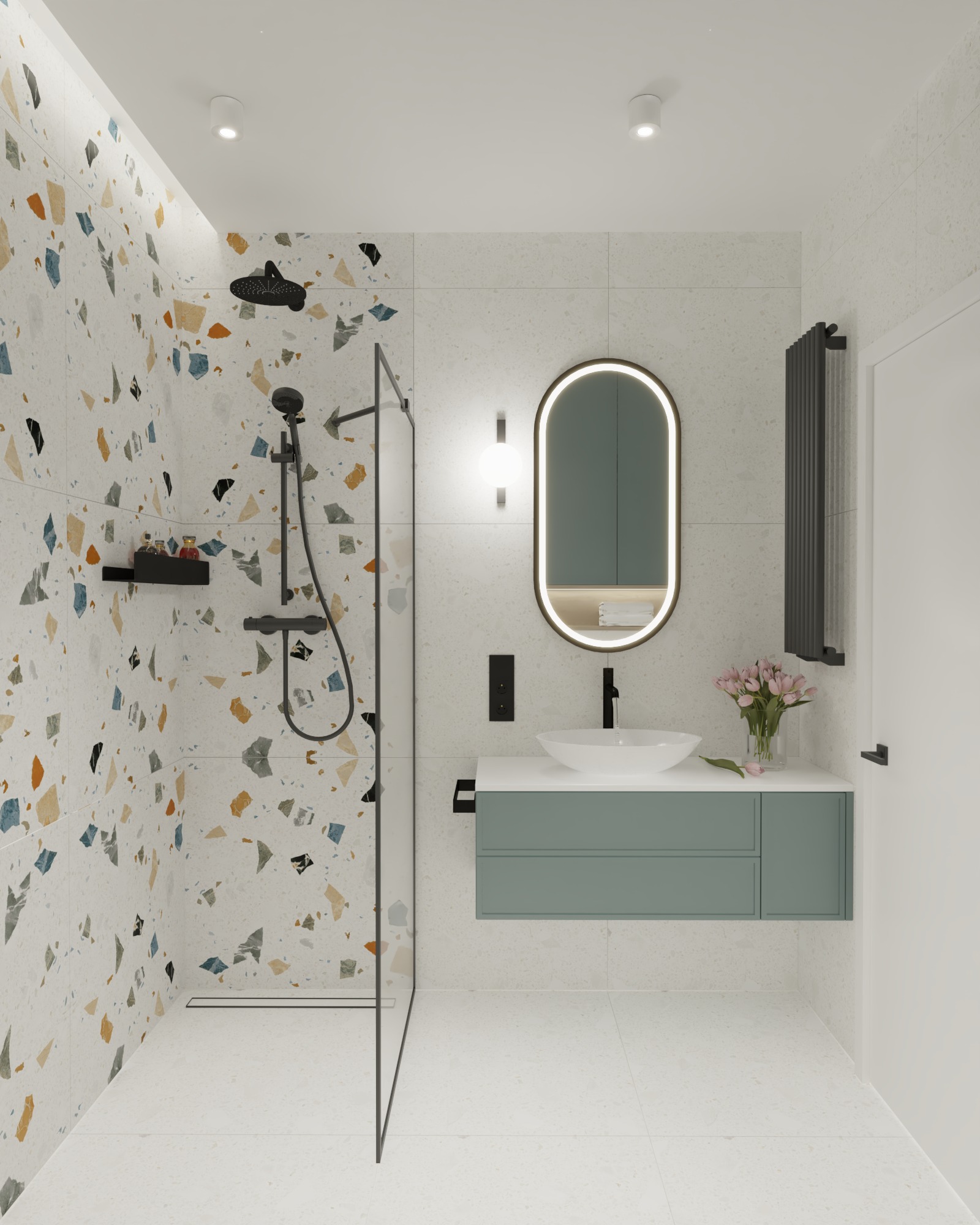 Wizualizacja nowoczesnej łazienki z kabiną prysznicową typu walk-in, umywalką nablatową na szafce w odcieniu szałwiowej zieleni, lustrem z podświetleniem LED oraz ścianą wykończoną płytkami...