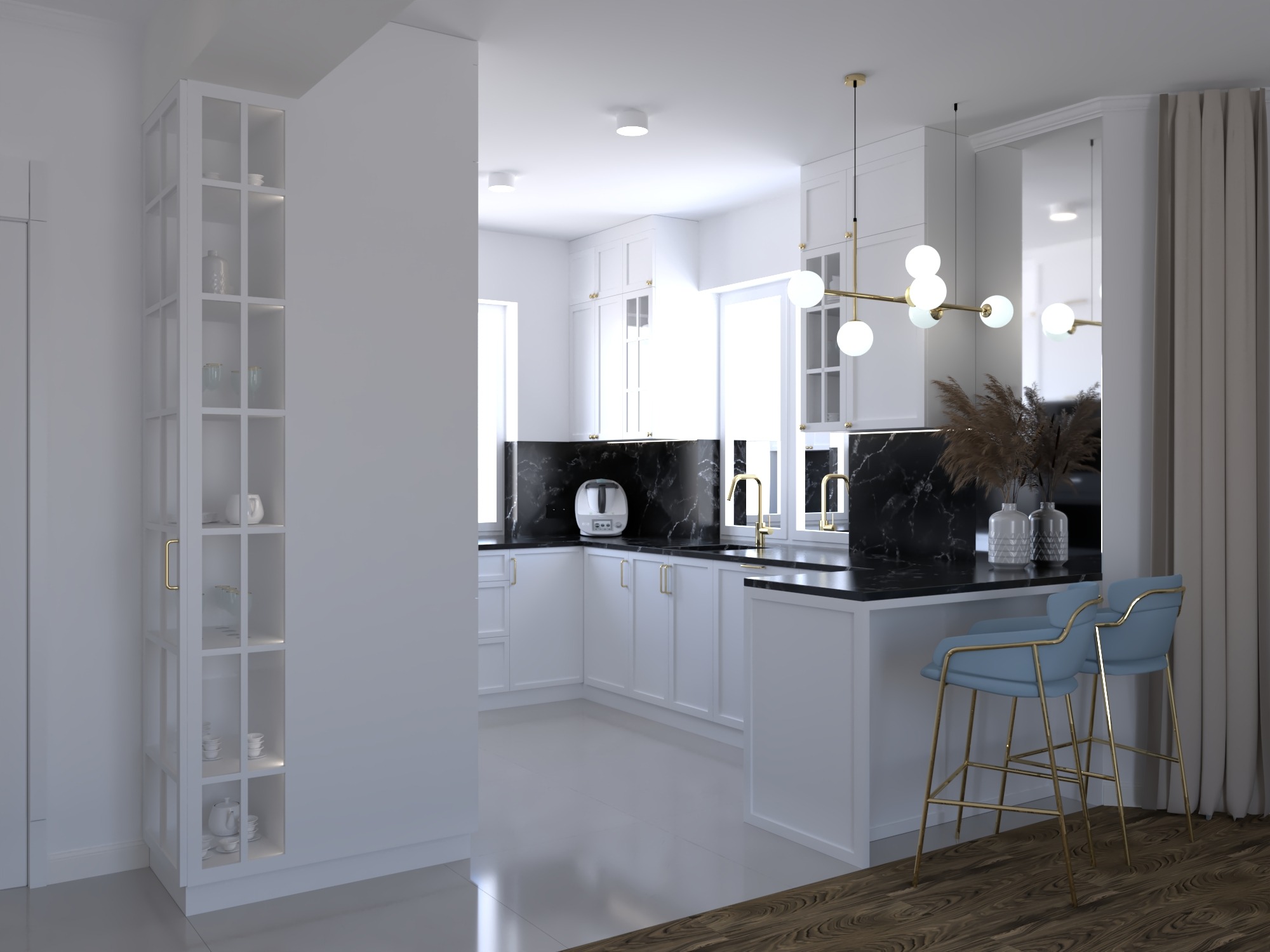 Jasna, nowoczesna kuchnia z białymi szafkami, czarnym blatem imitującym marmur, złotymi detalami i niebieskimi krzesłami barowymi, oświetlona lampą z białymi kulami.