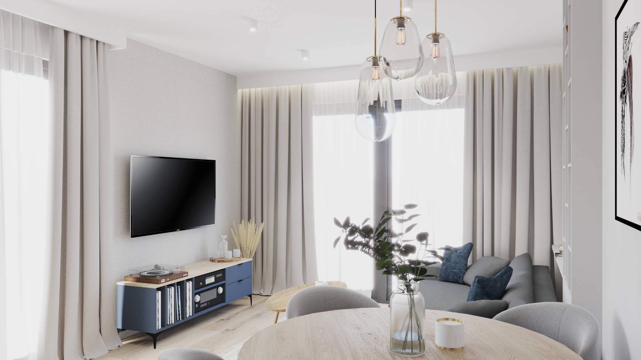 Jasne wnętrze salonu z telewizorem, niebieską komodą, okrągłym stołem i szarą sofą z niebieskimi poduszkami, oświetlone wiszącymi lampami o kształcie kropli.