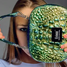 Modelka częściowo zasłonięta torebką z imitacji skóry krokodyla w odcieniach zieleni i złota, z metalowym łańcuszkiem i czarnym logo 'Notozzi Leather Collection'.