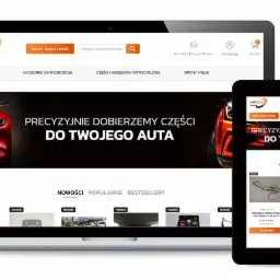 Responsywny sklep internetowy just-car.pl na laptopie, tablecie i smartfonie, prezentujący asortyment części samochodowych i akcesoriów motocyklowych.