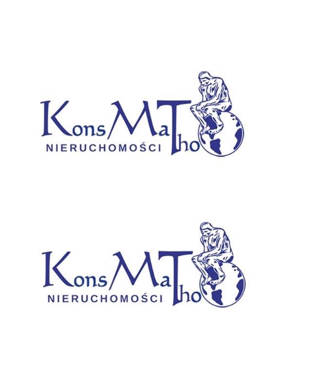 Logo firmy KonsMaTho Nieruchomości przedstawiające stylizowaną postać Myśliciela Rodina siedzącą na globie ziemskim.