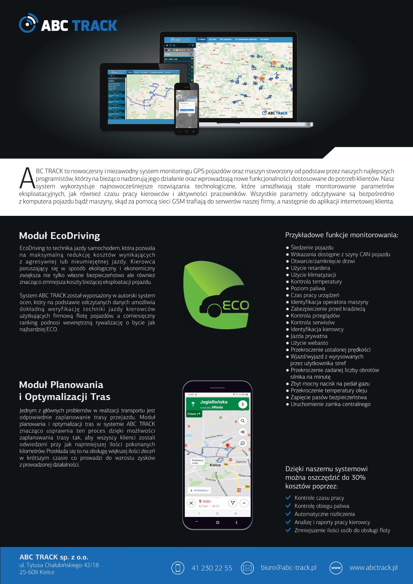 Ekrany urządzeń (laptop, tablet, smartfon) prezentujące interfejs systemu do lokalizacji pojazdów z mapami i danymi, obok logo firmy ABC Track i tekstu reklamowego o monitoringu parametrów...