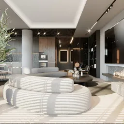 Nowoczesny salon z modułową sofą w kształcie chmurki, biokominkiem pod telewizorem, otwartą kuchnią w tle i dużą rośliną w donicy.