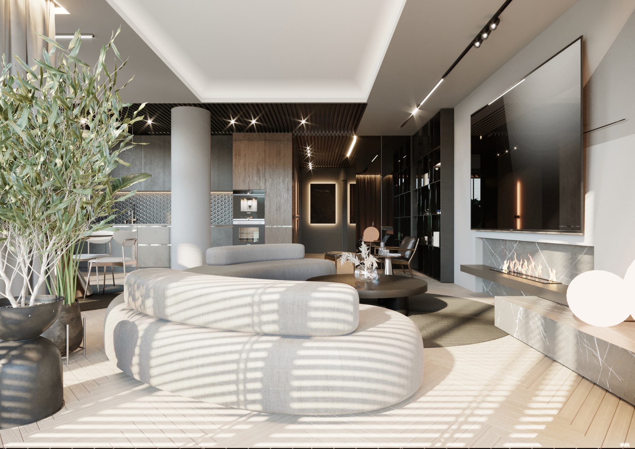 Nowoczesny salon z modułową sofą w kształcie chmurki, biokominkiem pod telewizorem, otwartą kuchnią w tle i dużą rośliną w donicy.