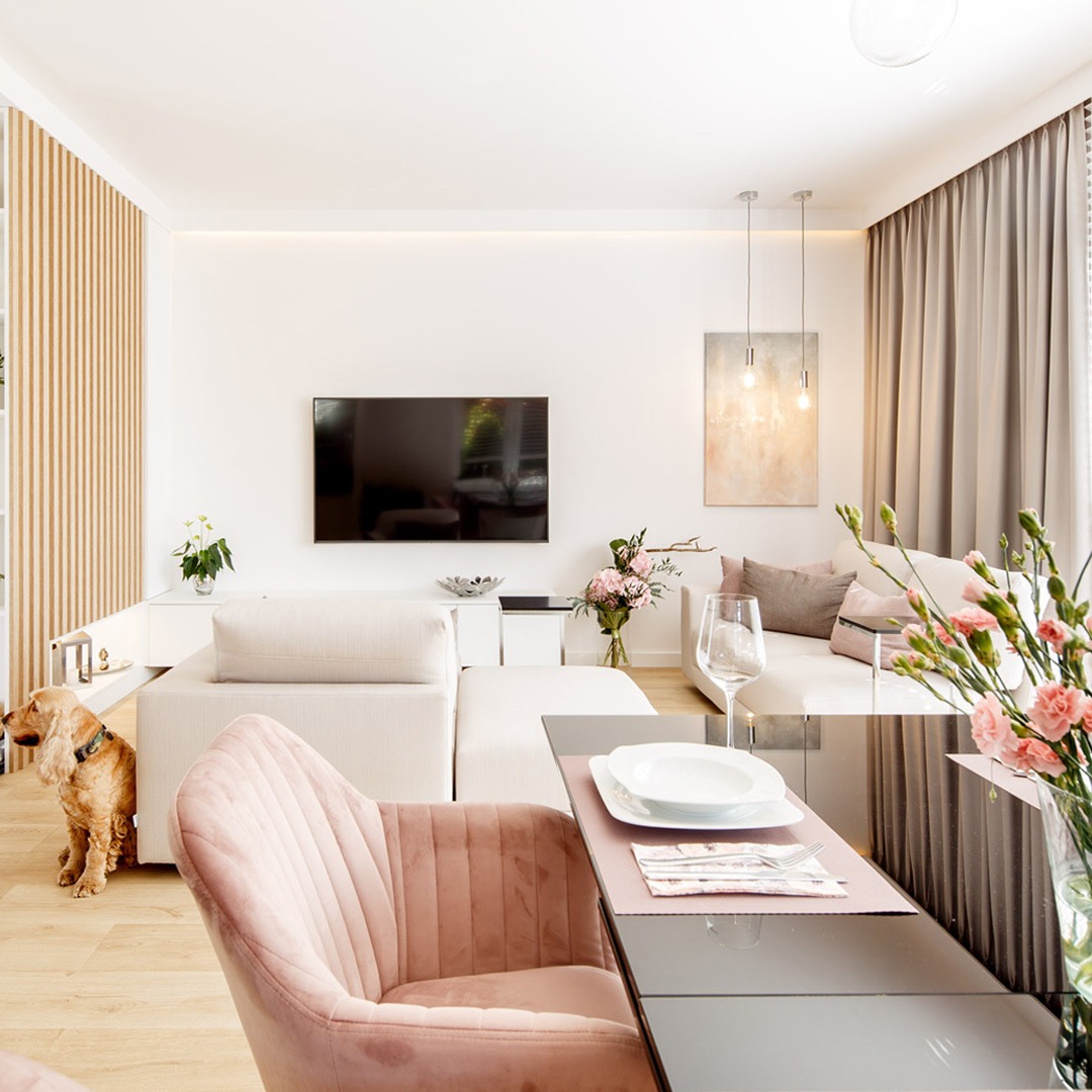 Jasne wnętrze salonu z aneksem jadalnym, beżowa sofa modułowa, telewizor na ścianie, różowe kwiaty w wazonie na stole, aksamitne krzesło w kolorze pudrowego różu, pies rasy Cocker Spaniel siedzący...