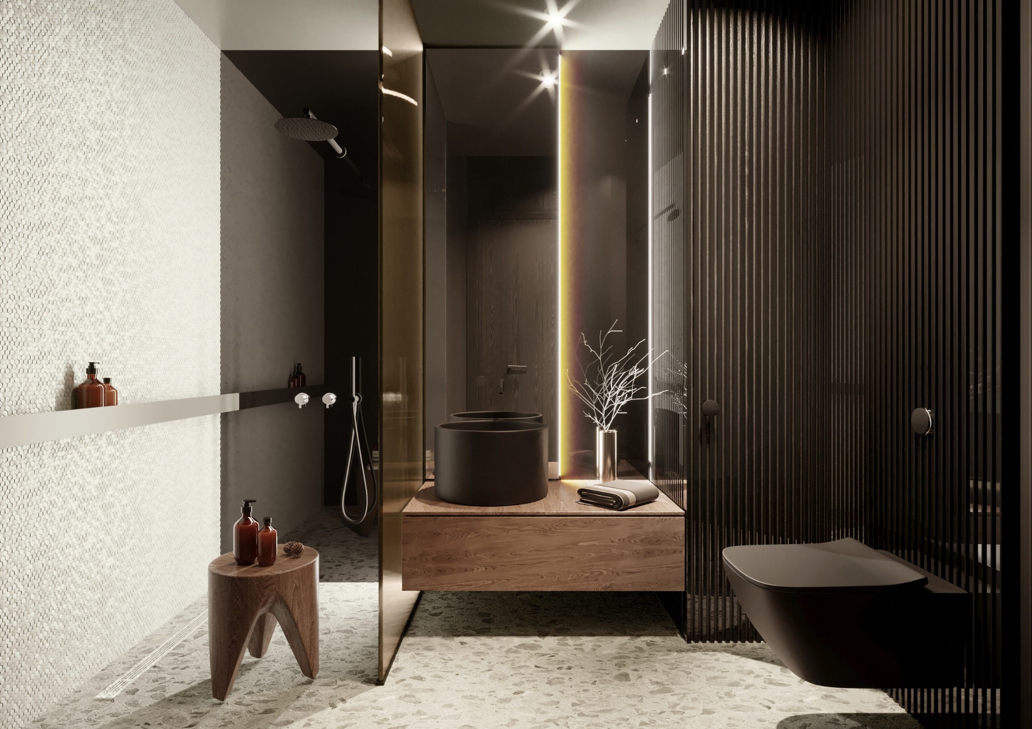Nowoczesna łazienka w ciemnej tonacji z drewnianymi elementami, czarną umywalką nablatową, toaletą i szklaną kabiną prysznicową, podkreślona pionowym oświetleniem LED.