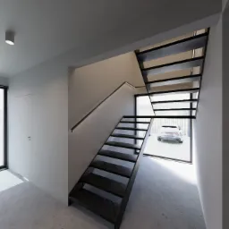 Nowoczesne schody metalowe z czarnymi stopniami i minimalistyczną poręczą LED, prowadzące do przeszklonego wyjścia z widokiem na samochód.