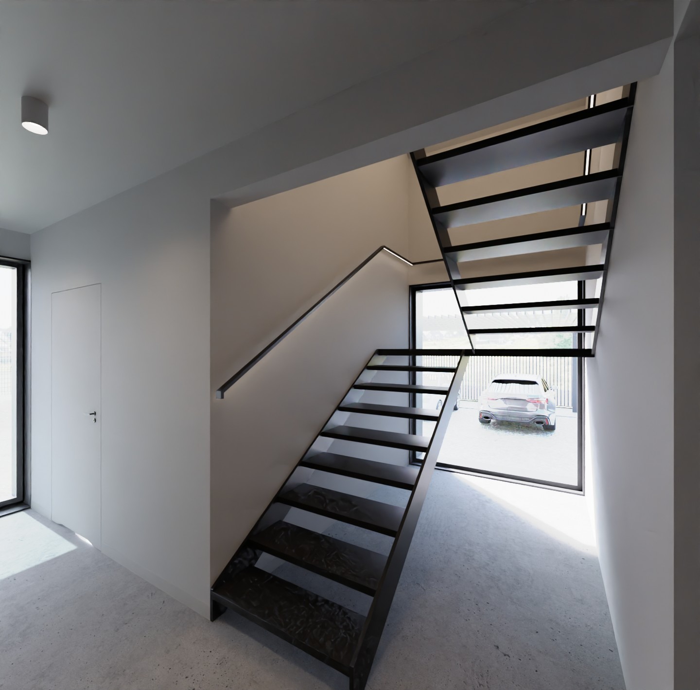 Nowoczesne schody metalowe z czarnymi stopniami i minimalistyczną poręczą LED, prowadzące do przeszklonego wyjścia z widokiem na samochód.