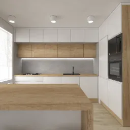 Wizualizacja nowoczesnej kuchni z białymi szafkami i drewnianymi akcentami, wyspą kuchenną z blatem w kolorze drewna i dużym oknem z żaluzjami.